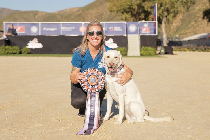 Distance Jump Open Class First Place: "Ella" and Lacey Craig. 2026 AKC Diving Dogs Premier Cup, March 20, at Galway Downs in Temecula, CA.