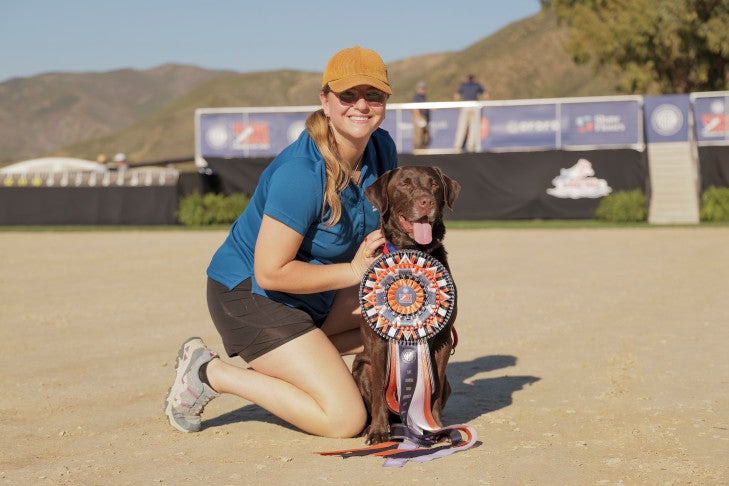 Air Retrieve Open Class First Place: "Ricky Bobby" and Shelby Saemann. 2026 AKC Diving Dogs Premier Cup, March 20, at Galway Downs in Temecula, CA.